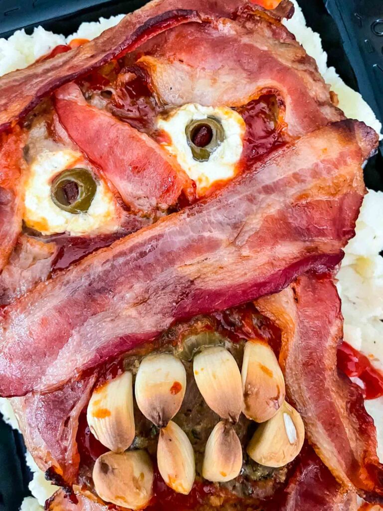 Close view of the Halloween Mummy Meatloaf