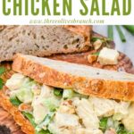 Pin of Curry Chicken Salad in a sandwich with title at top