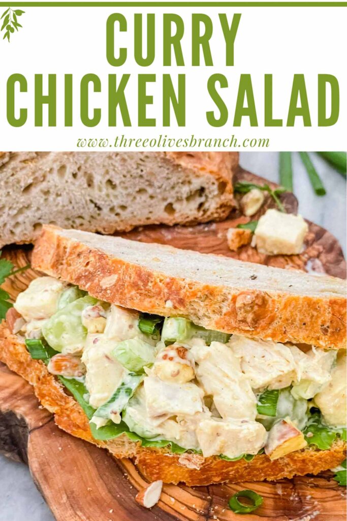 Pin of Curry Chicken Salad in a sandwich with title at top