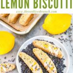 Pin of Lavender Lemon Biscotti on a small plate with title at top