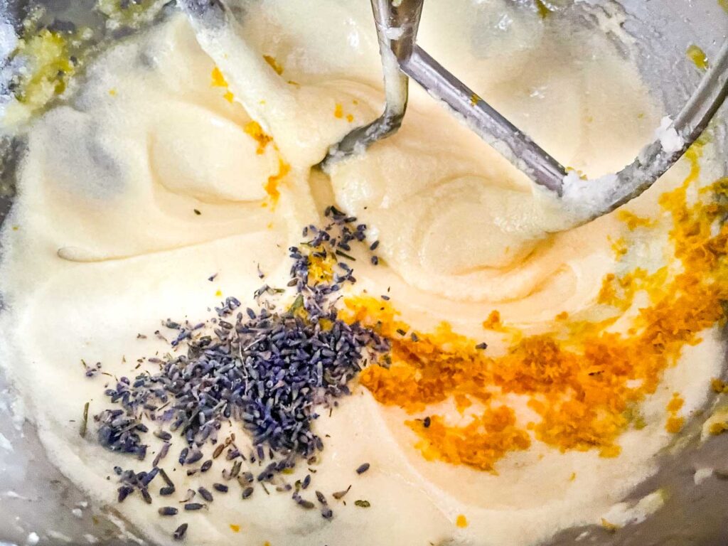 The batter being mixed with the lavender and lemon