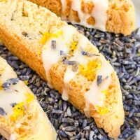 Close up of Lavender Lemon Biscotti on lavender buds