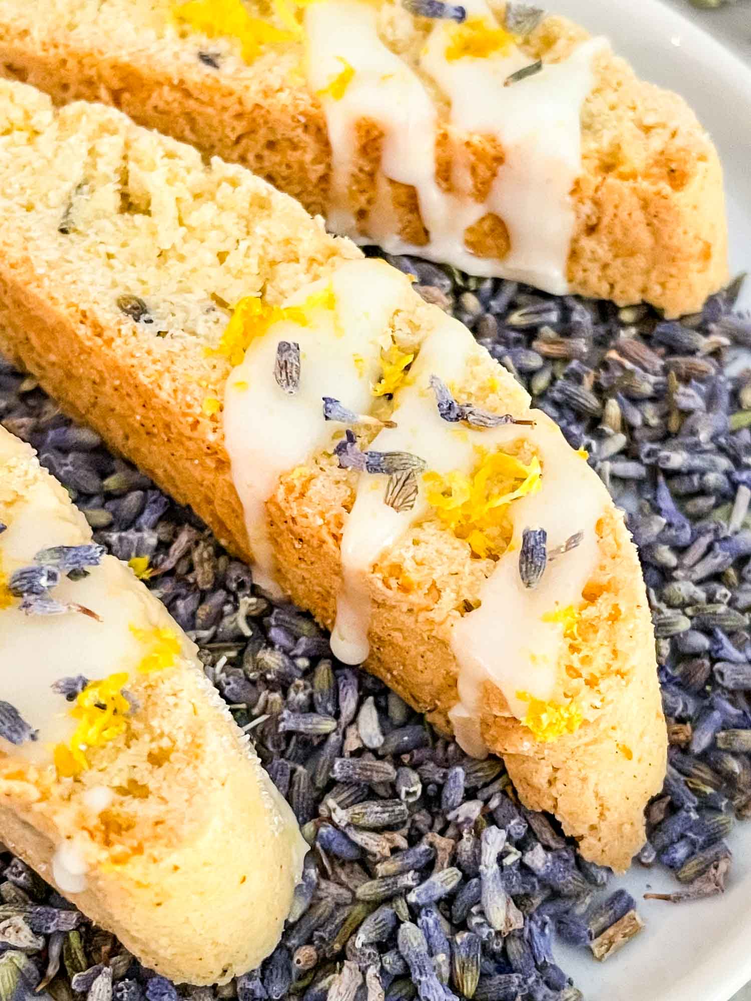 Close up of Lavender Lemon Biscotti on lavender buds