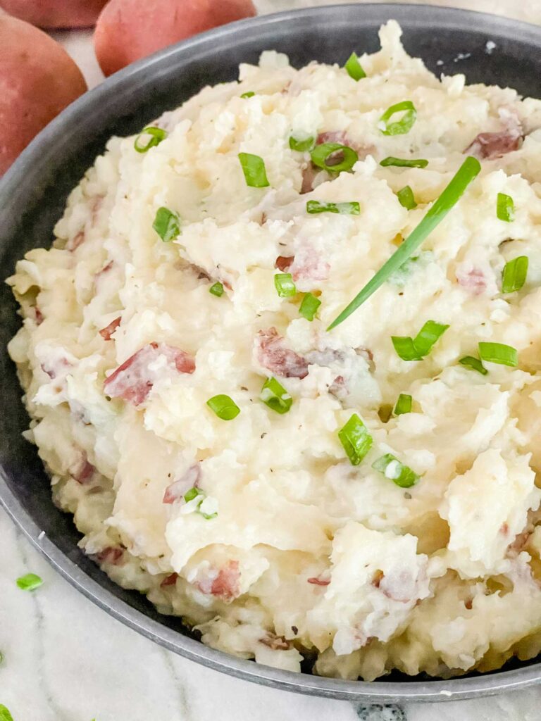Close view of Red Skin Mashed Potatoes in a bowl