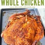 Pin of Smoked Whole Chicken sitting on a baking sheet with title at top