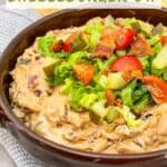 Pin of Bacon Cheeseburger Dip in a brown dish with title