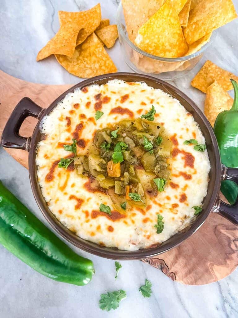 Top view of Hatch Green Chile Cheese Dip ready to eat