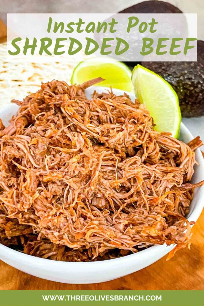Pin of Instant Pot Shredded Beef Barbacoa in a small bowl with title