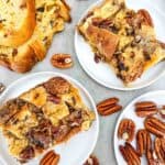 Pin of Panettone Bread Pudding servings on white plates with pecans and title at top