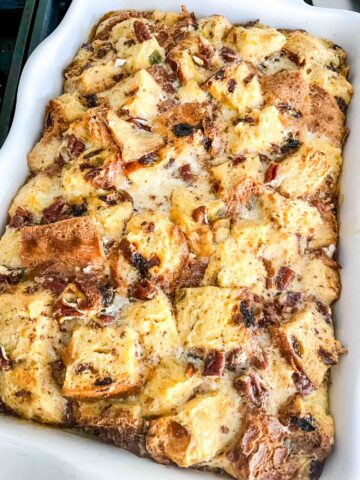A full dish of Panettone Bread Pudding after baking