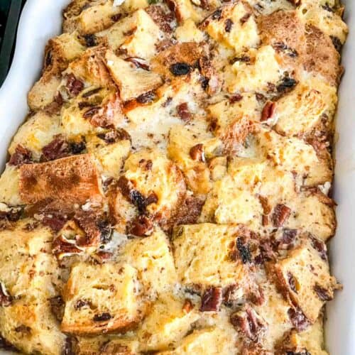 A full dish of Panettone Bread Pudding after baking