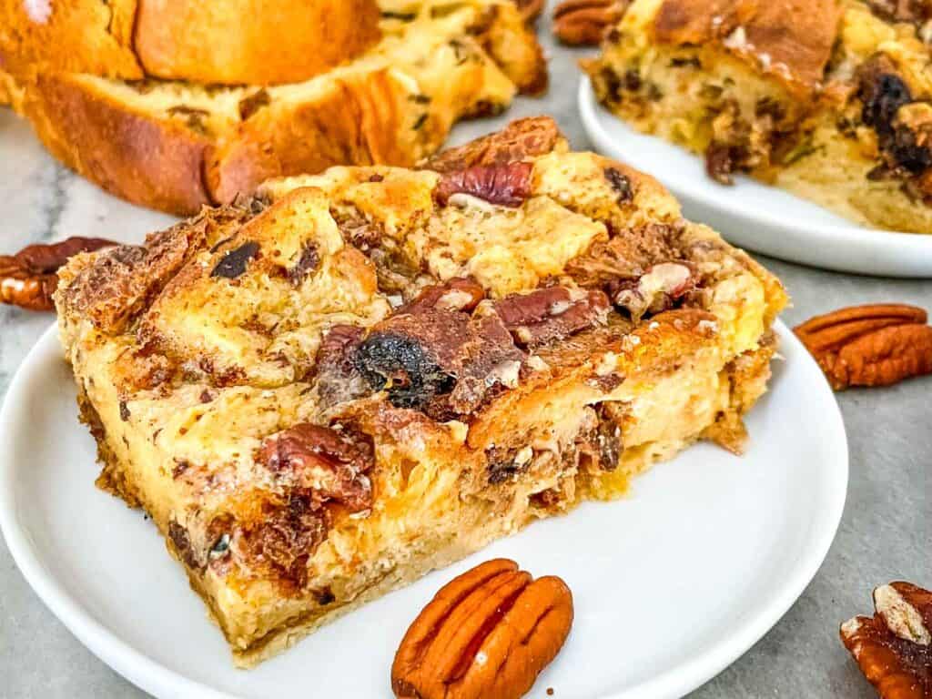 Close view of a portion of Panettone Bread Pudding