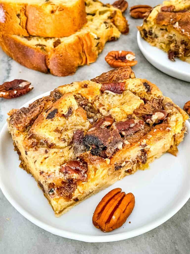 A portion of Panettone Bread Pudding on a white plate