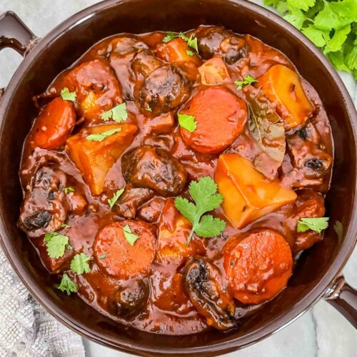 Top view of Vegan Stew in a brown bowl