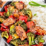Pin of Teriyaki Chicken Stir Fry in a bowl with title at top