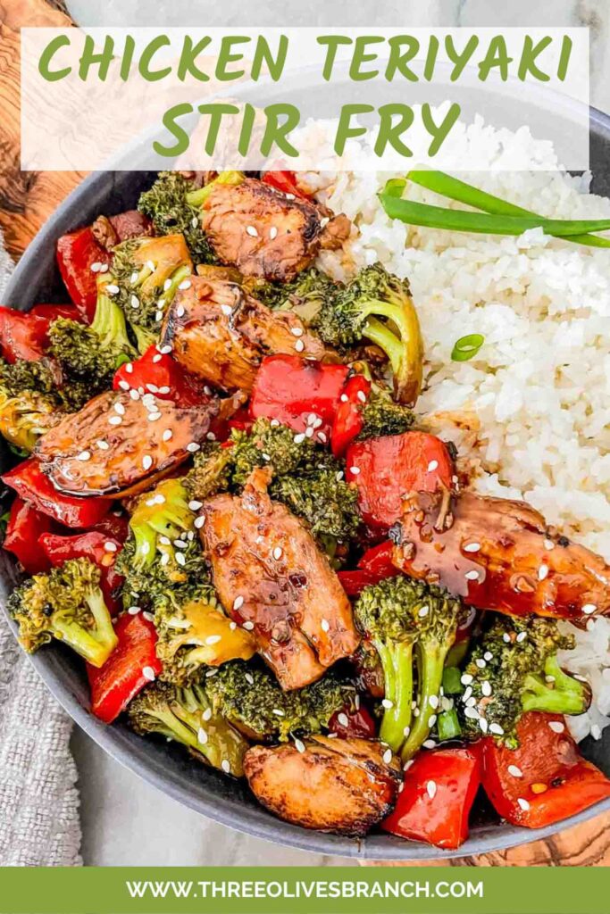 Pin of Teriyaki Chicken Stir Fry in a bowl with title at top