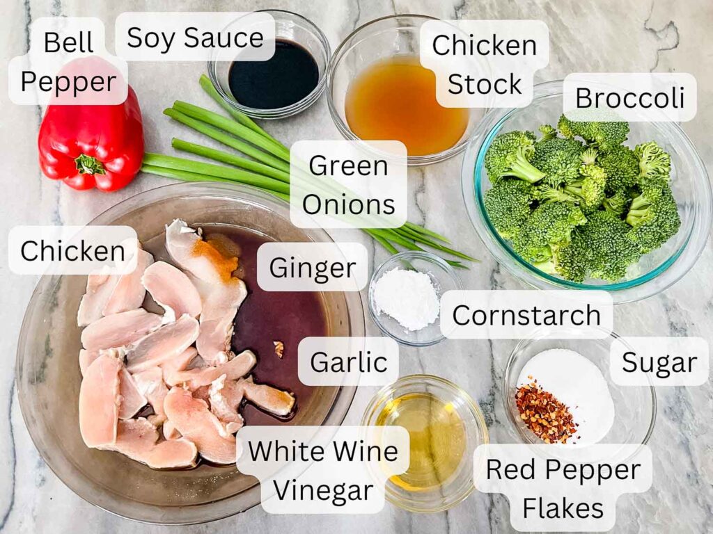 The ingredients needed for Teriyaki Chicken Stir Fry all labeled and laid out on a counter