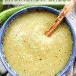 Pin of Hatch Chile Green Sauce for Enchiladas in a bowl with title