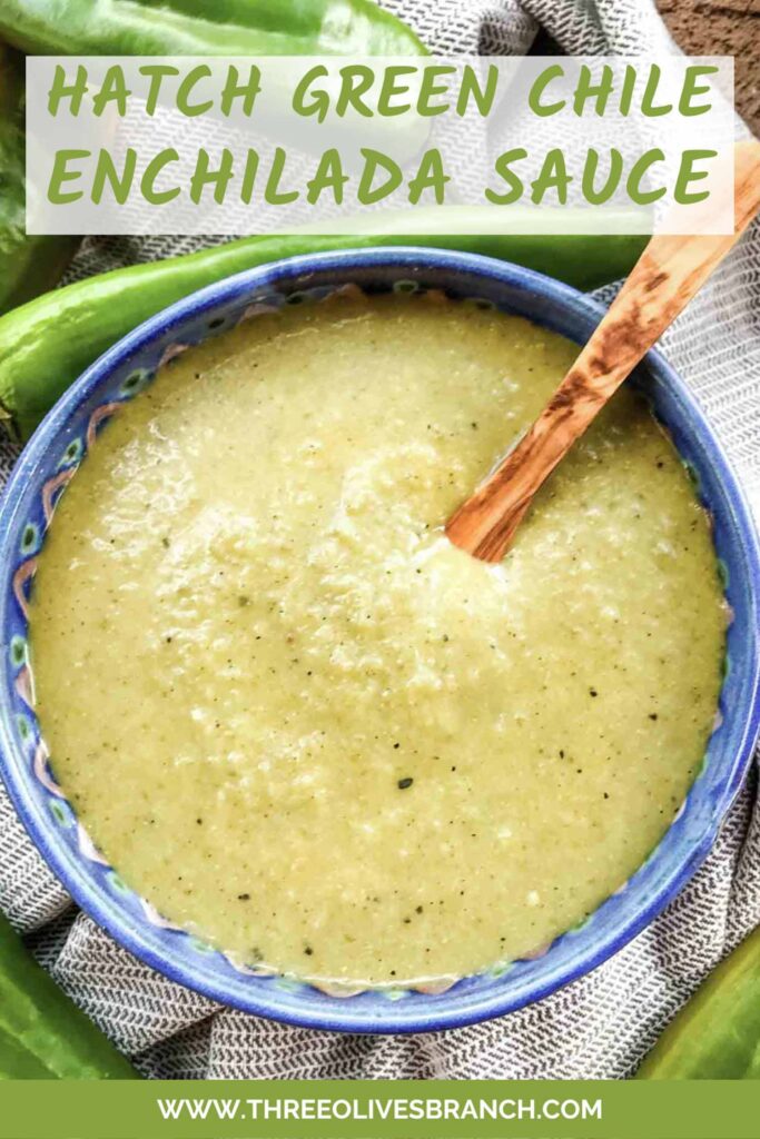 Pin of Hatch Chile Green Sauce for Enchiladas in a bowl with title