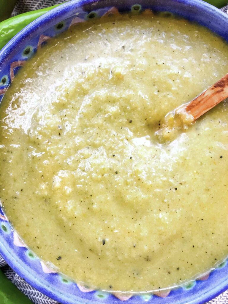 Close view of Hatch Chile Green Sauce for Enchiladas in a bowl