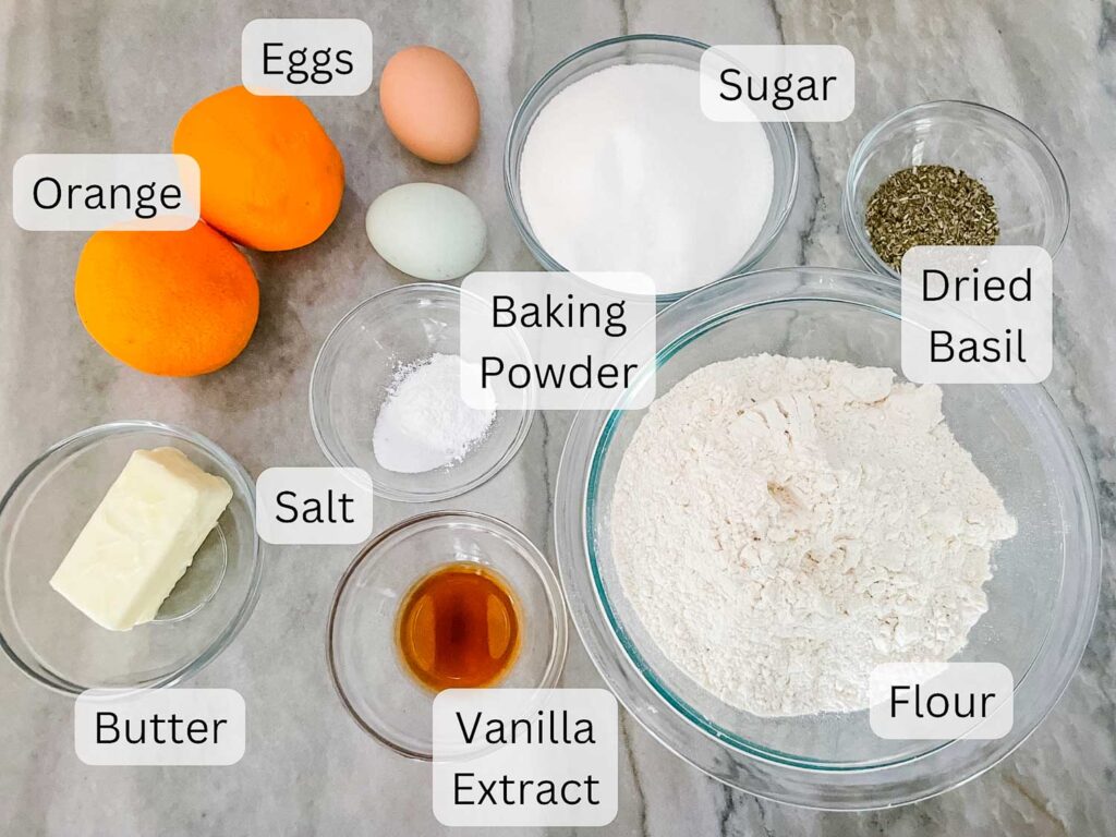 All ingredients needed for the cookies on a counter and labeled