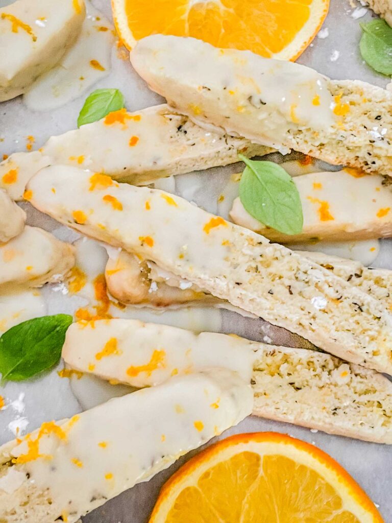 A closer view of Basil Orange Biscotti in a pile