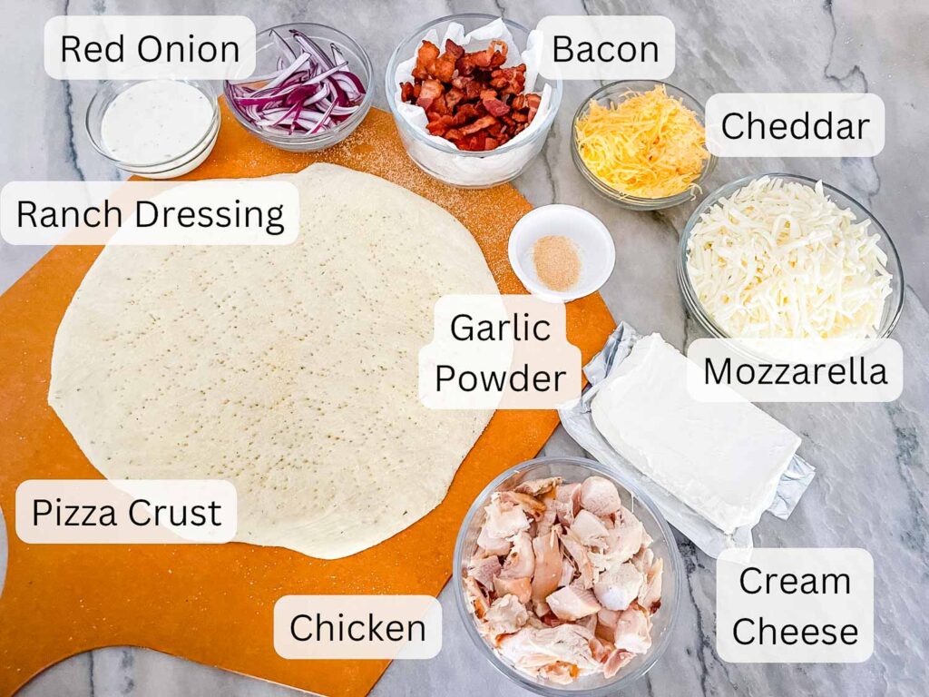 All of the ingredients needed for the pizza labeled and sitting on a counter