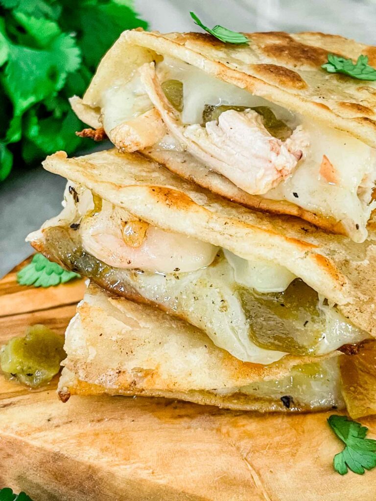 A tower of Hatch Green Chile Chicken Quesadilla pieces
