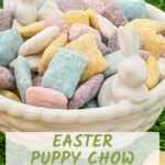 Pin of Easter Puppy Chow in a white ceramic bowl with small bunnies sitting on green grass with title
