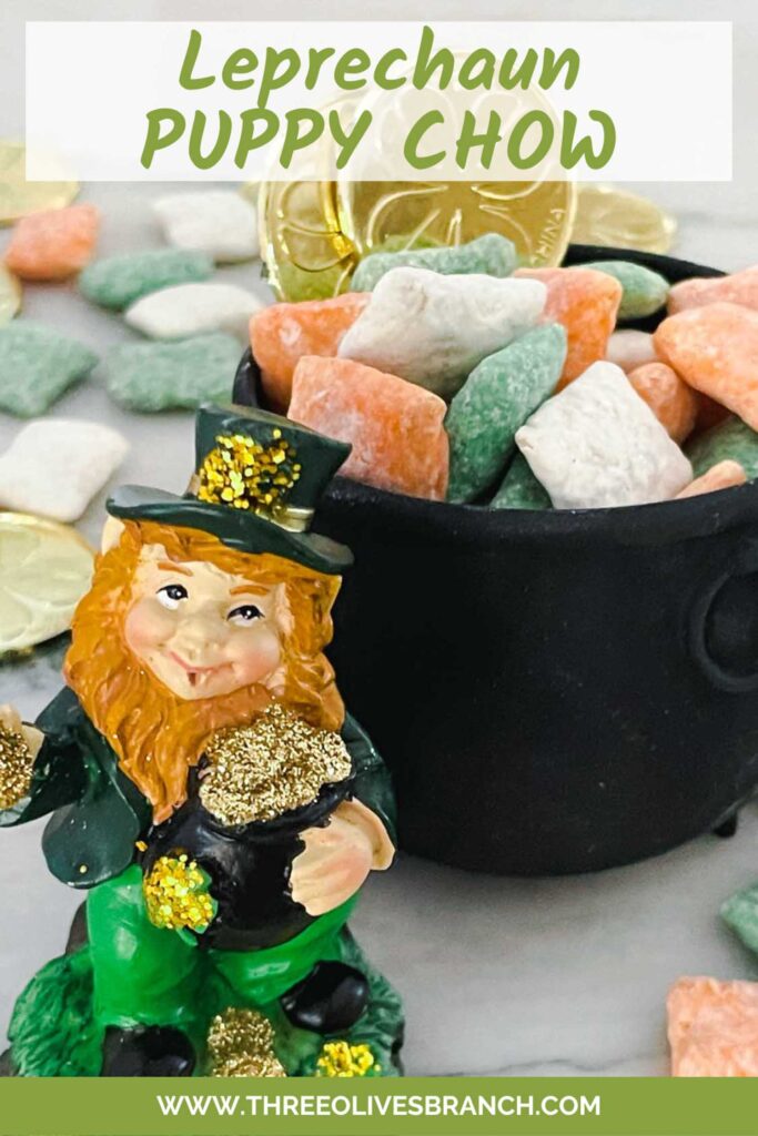 Pin of Leprechaun Puppy Chow in a small black cauldron in white, green, and orange. With a leprechaun standing next to it.