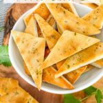 Pin of Homemade Baked Pita Chips in a white bowl with title