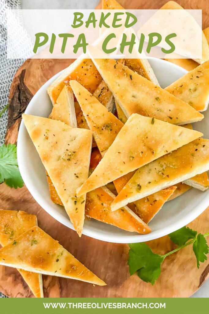 Pin of Homemade Baked Pita Chips in a white bowl with title