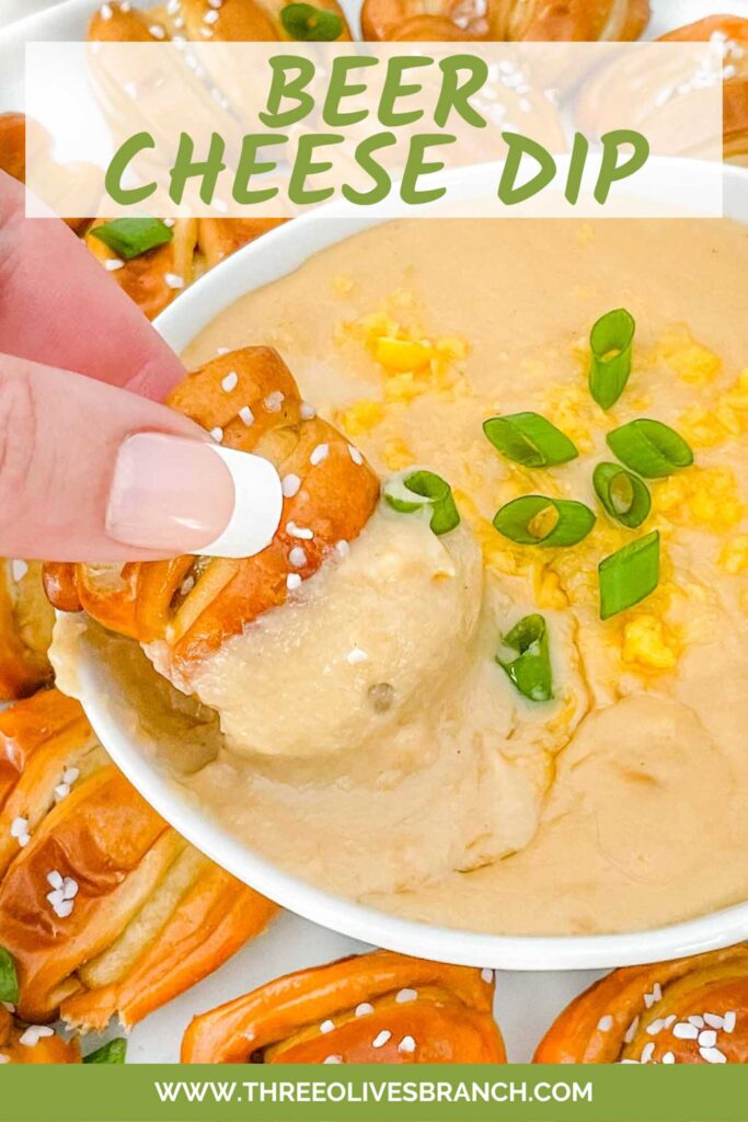 Pin of a hand dunking a pretzel bite into Beer Cheese Dip with title at top