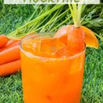 Pin of an orange Carrot Patch Mocktail sitting on grass with title at top