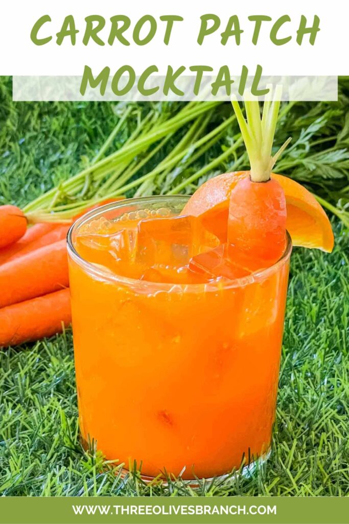 Pin of an orange Carrot Patch Mocktail sitting on grass with title at top