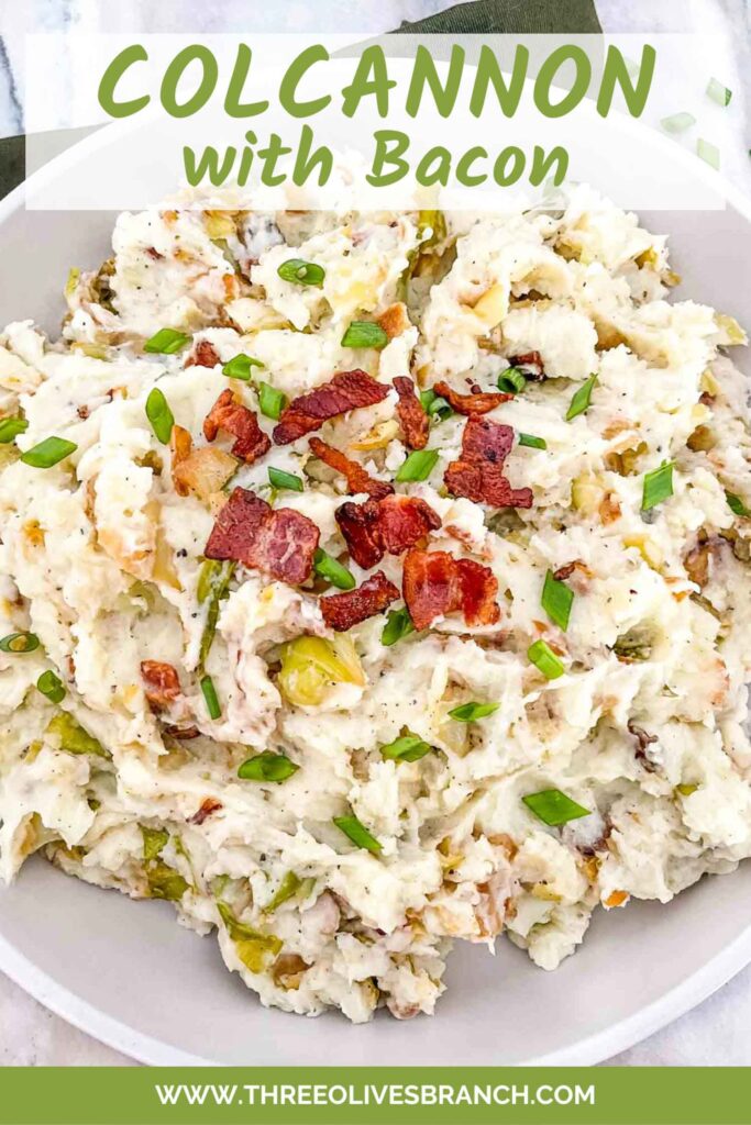 Pin of Colcannon with Bacon in a serving dish with title