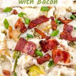 Pin of Colcannon with Bacon up close with extra bacon and title at top