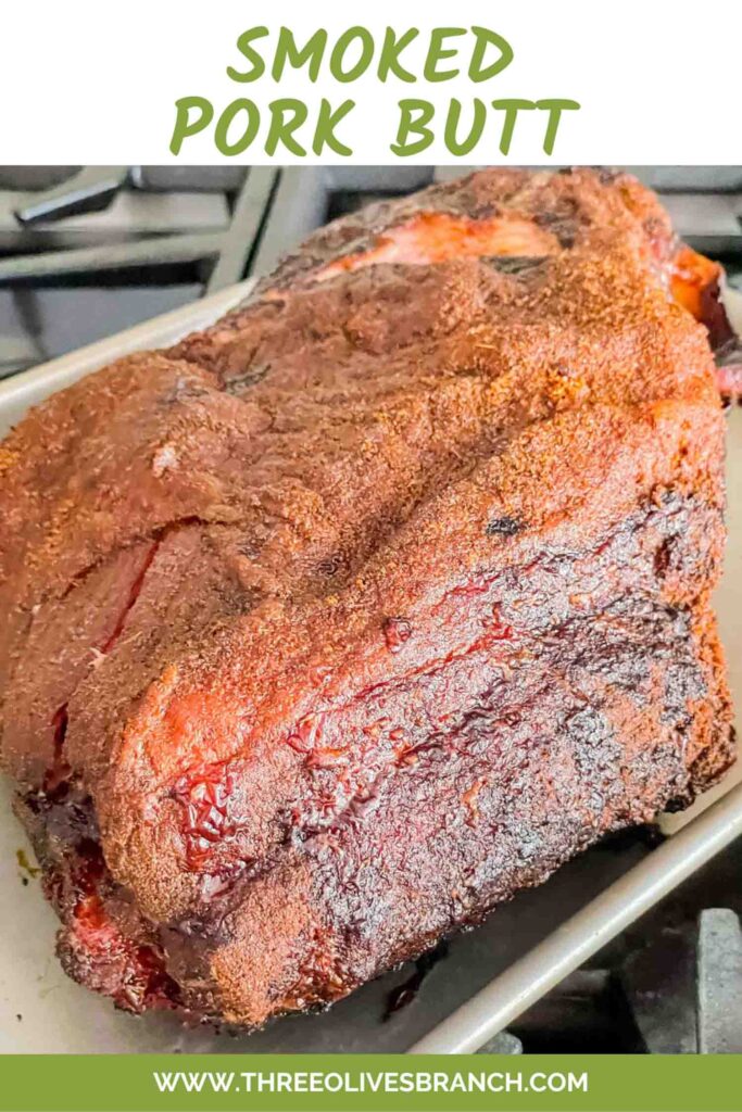 Pin of a whole Smoked Pork Butt on a baking sheet with title at top