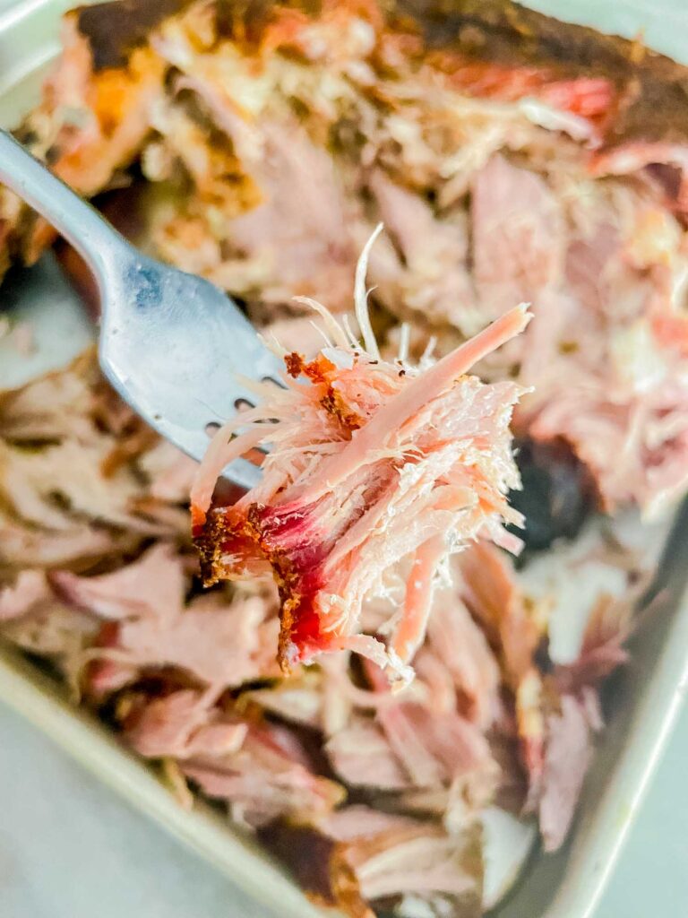 A fork holding some shredded pork above a baking sheet of the pork