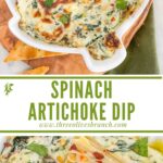 Long pin Easy Spinach Artichoke Dip in an artichoke shaped dish with title