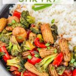 Pin of Vegetable Teriyaki Stir Fry with white rice in a bowl with title at top