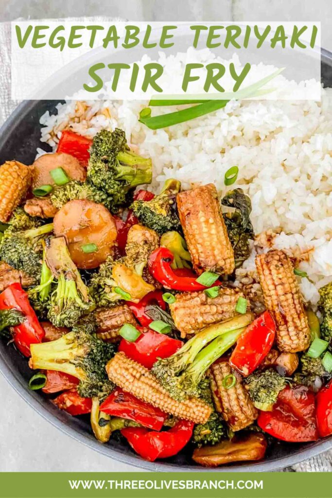 Pin of Vegetable Teriyaki Stir Fry with white rice in a bowl with title at top