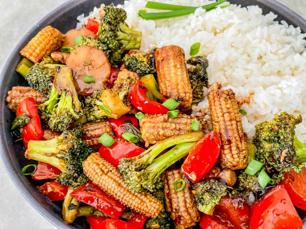 Vegetable Teriyaki Stir Fry with white rice in a bowl