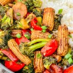 Close view of Vegetable Teriyaki Stir Fry in a bowl with white rice