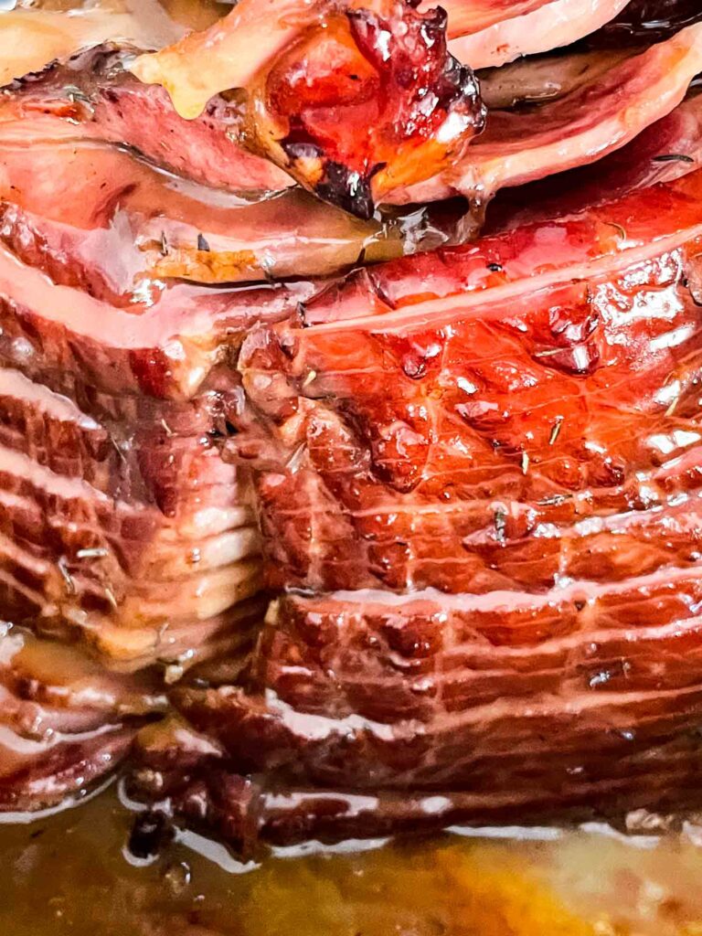 Close view of the Honey Mustard Glazed Spiral Ham after cooking