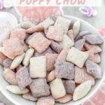 Pin of It's a Girl! Puppy Chow in pink, purple, and white mixed in a small bowl with title at top