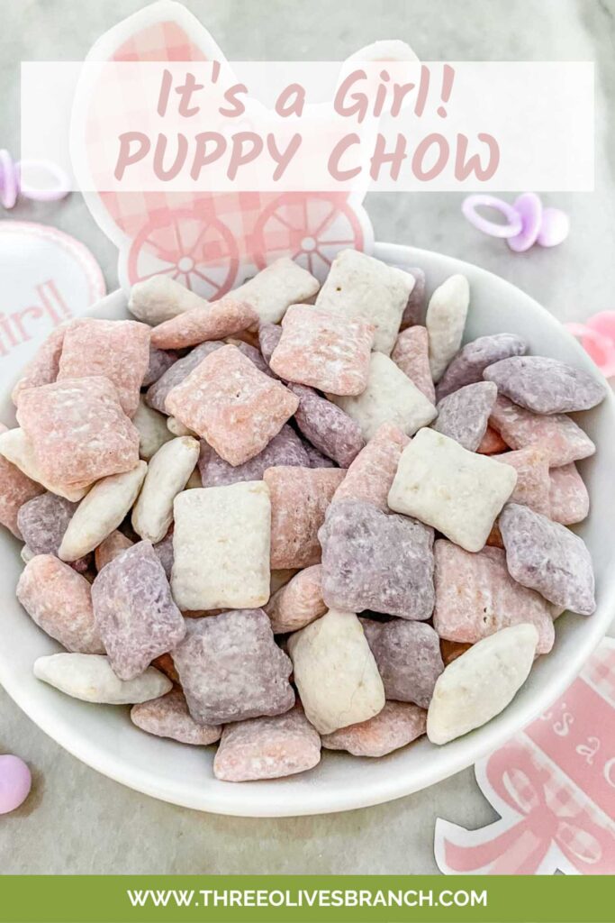 Pin of It's a Girl! Puppy Chow in pink, purple, and white mixed in a small bowl with title at top