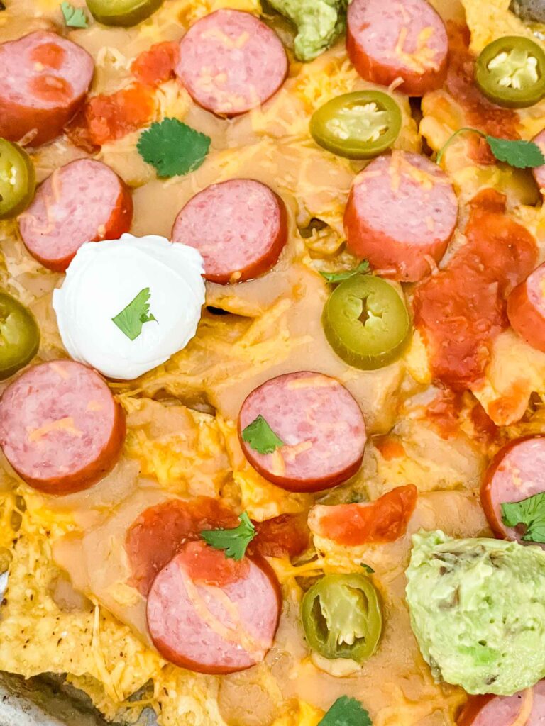 Close view of Sausage Beer Cheese Nachos