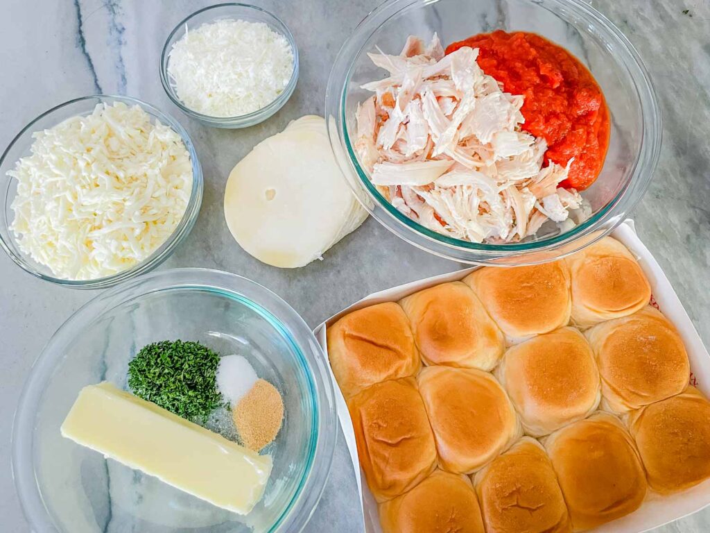 All ingredients needed for the sliders sitting on a counter