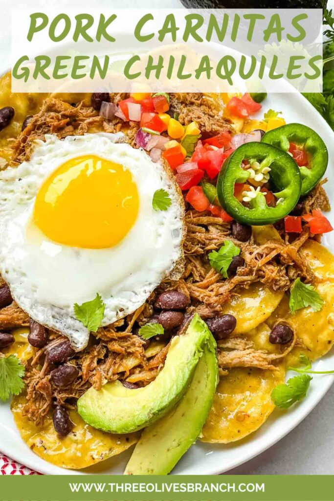 Pin of Pork Carnitas Green Chilaquiles with Eggs on a white plate with title at top.